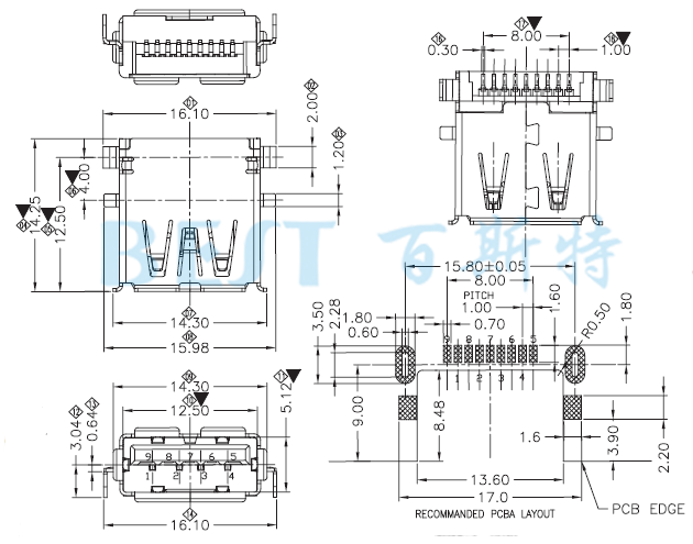 USB插座USB-A-09 3.0参考图纸