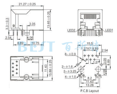 RJ45插座5621S 10P8C 1x1 F3.05参考图纸